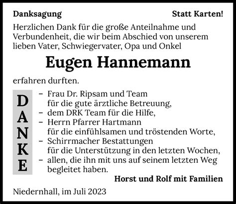 Traueranzeigen Von Eugen Hannemann Trauerundgedenken De