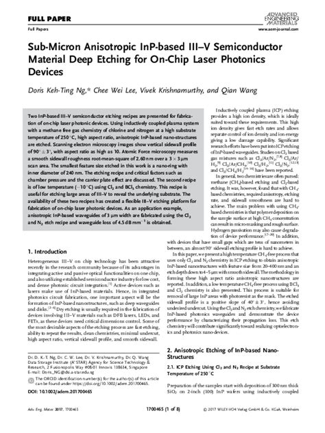 (PDF) Sub-Micron Anisotropic InP-based III-V Semiconductor Material Deep Etching for On-Chip ...