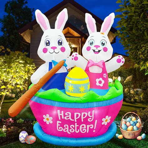 Raymall Easter Inflatables Outdoor Decorations 5ft Tall Two Bunnies Boating Happy