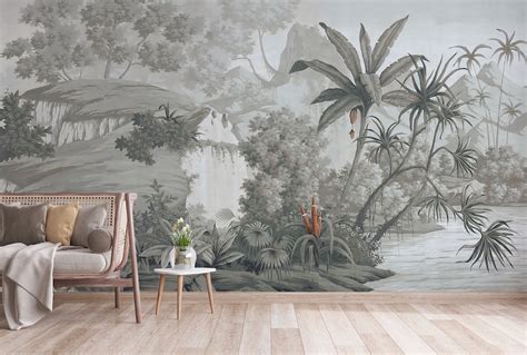 Tropical Mountain Wallpaper Jungle Wall Mural Peel And Stick Etsy