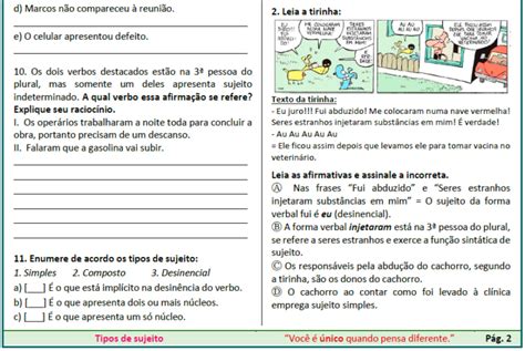 Tipos De Sujeito Atividades De Fixa O Li O Pr Tica