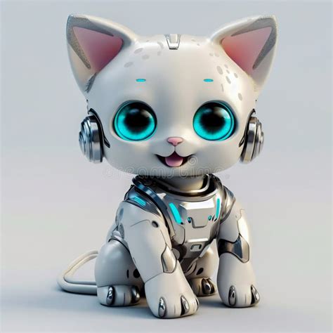 Cute Happy Robotic Kitten On White Background Generative Ai Stock