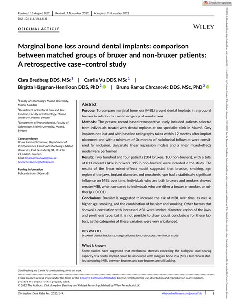 Pdf Marginal Bone Loss Around Dental Implants Comparison Between Matched Groups Of Bruxer And