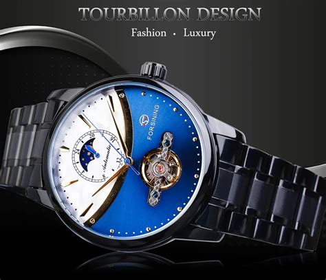 Forsining Automatic Watch Mens Blue Moon Phase Mechanical Watches Black