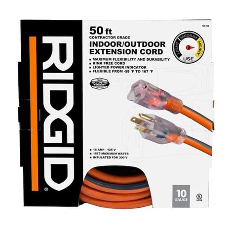 RIDGID 50 Ft 10 3 Heavy Duty Indoor Outdoor SJTW Extension Cord With