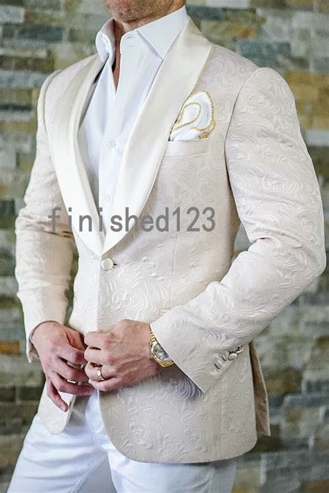 One Button Champagne Paisley Groom Tuxedos Shawl Lapel Men Suits Weddingpromdinner Blazer