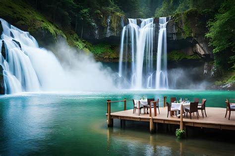 Premium Ai Image A Table And Chairs In Front Of A Waterfall