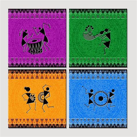 Traditional Warli Folk Art Painting Wall Hanging Set Of 4 Pieces