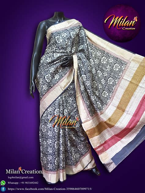 Tussar Block Printed Saree With Heavy Zari Border Block Print