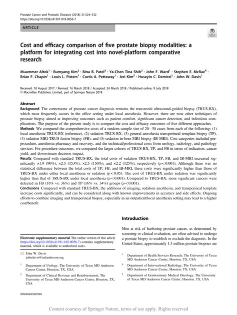 Cost And Efficacy Comparison Of Five Prostate Biopsy Modalities A Platform For Integrating Cost