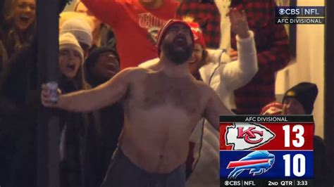 Jason Kelce Celebrates Travis Touchdown While Shirtless At Bills