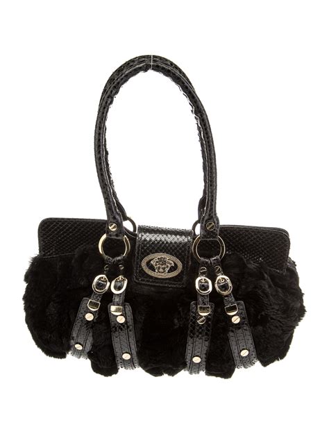 Versace Embossed Leather Trimmed Faux Fur Shoulder Bag Black Shoulder Bags Handbags