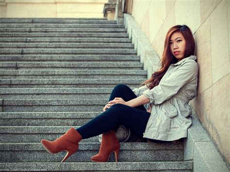 Wallpaper Model Street Long Hair Asian Sitting Black Hair