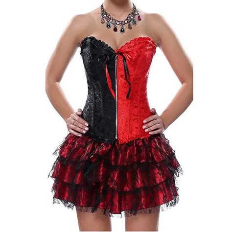 Vocole Sexy Burlesque Two Toned Harley Quin Overbust Corset Bustier With Lace Skirt Zipper Lace