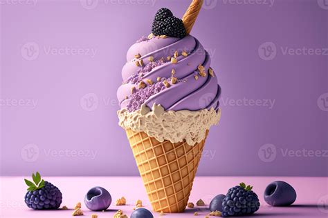 Purple Ice Cream Cone decorated with berries close-up on Purple ...