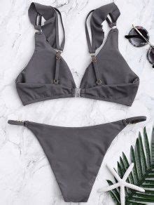 Plunge Adjustable String Bikini Set In Taupe Zaful