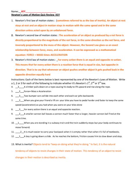 Newtons Laws Quiz Review 2key Name Key Newton’s Laws Of Motion Quiz