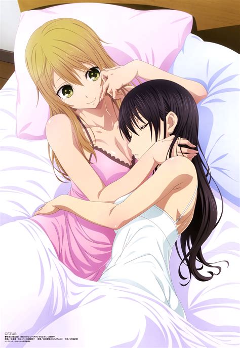 Rule 34 Aihara Mei Aihara Yuzu Bed Black Hair Blonde Hair Citrus Saburouta Green Eyes Tender