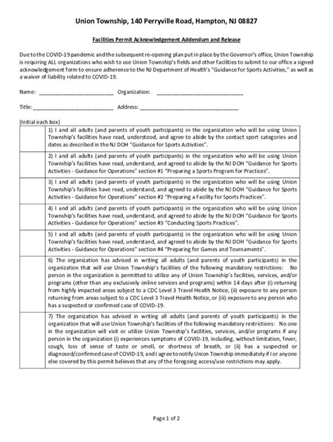 Fillable Online Princeton Recreation Use Of Facilities Acknowledgment