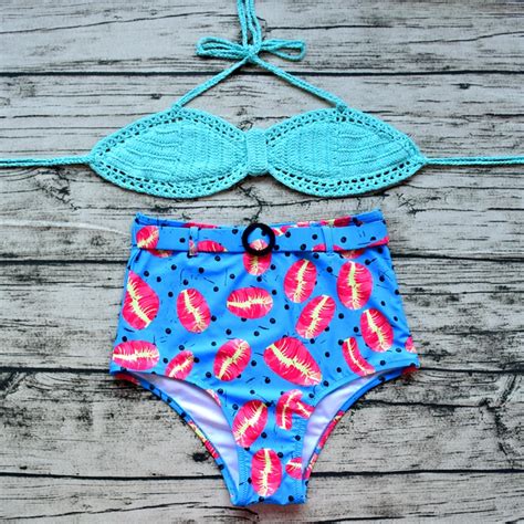 New Sexy Women Sky Blue Swimwear Red Kiss Printed Bikini Set