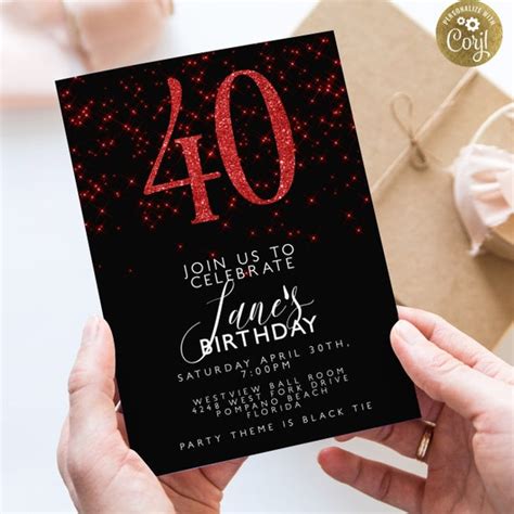 Red And Black Editable 40th Birthday Invitation Template 40th