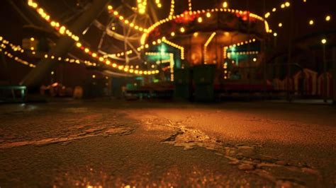 An Empty Amusement Park At Night With Glowing Lights And Deserted Rides