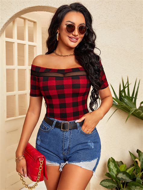 T Shirt Mit Buffalo Plaid Muster Kontrast Netzstoff Aktuelle Trends