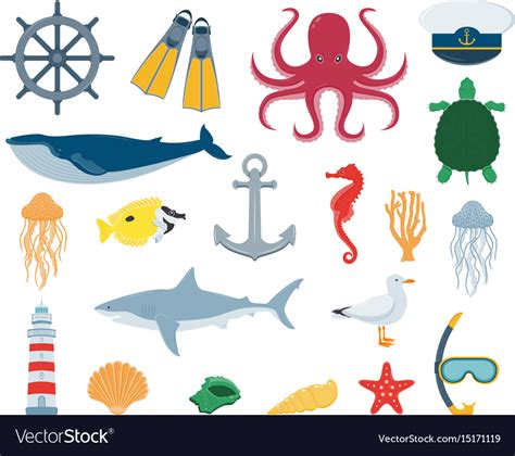 Sea icons and symbols set sea animals nautical Vector Image