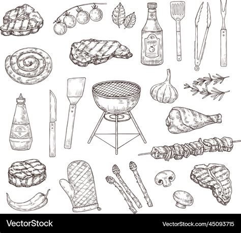 Sketch Grill Food Bbq Tools Sauces And Meat Vector Image