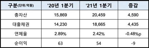 금융사 2021 1분기 실적 신한저축은행 중금리대출 자산 증대순익 소폭 하락