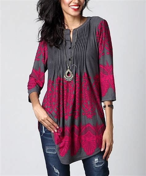 Charcoal Lace Print Notch Neck Pin Tuck Tunic Trendy Fashion Tops