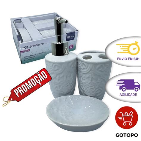 Kit Banheiro Porcelana 3 Peças Lavabo Porta Sabonetes e Escovas Corre