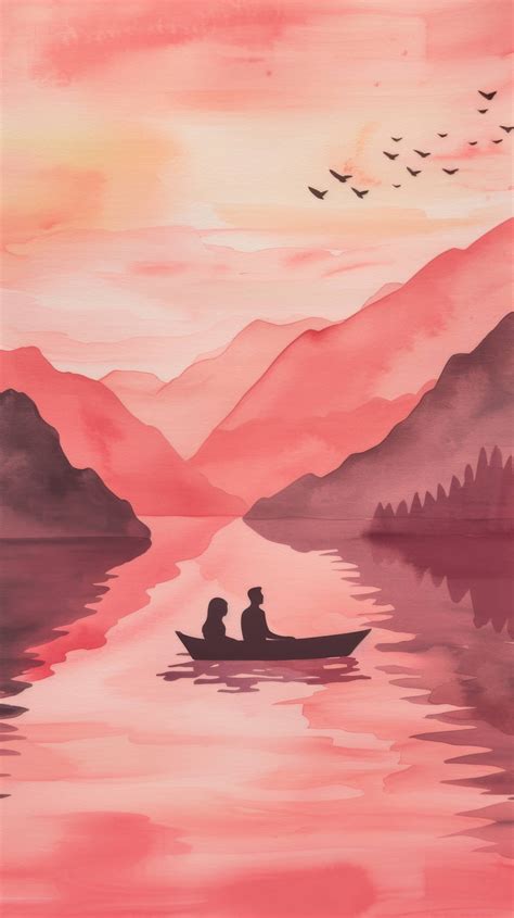 sunset painting, couple in boat, pink sky landscape, serene nature ...