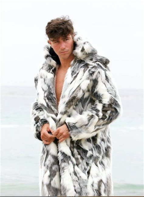 Men S Faux Fur Winter Hooded Long Coat Black White Luxury Fake Fur Festival Coat For Burning