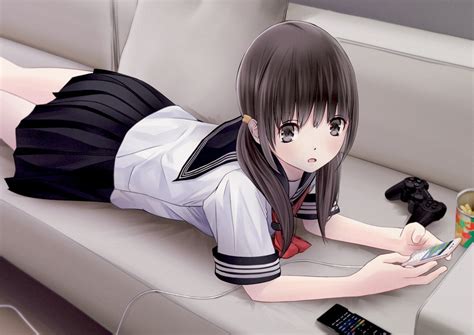 Wallpaper Anime Girls Couch Controllers Cartoon Black Hair