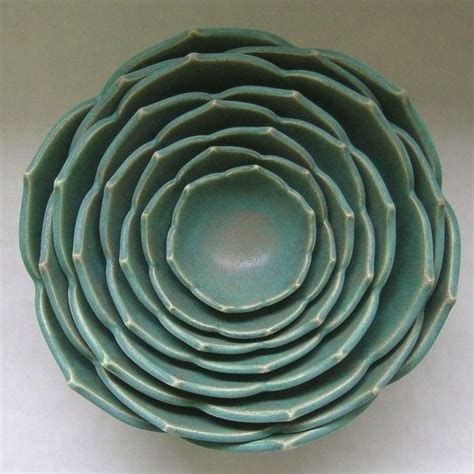 Whitneysmith Eight Nesting Lotus Ceramic Bowls In Matte Green Lotus