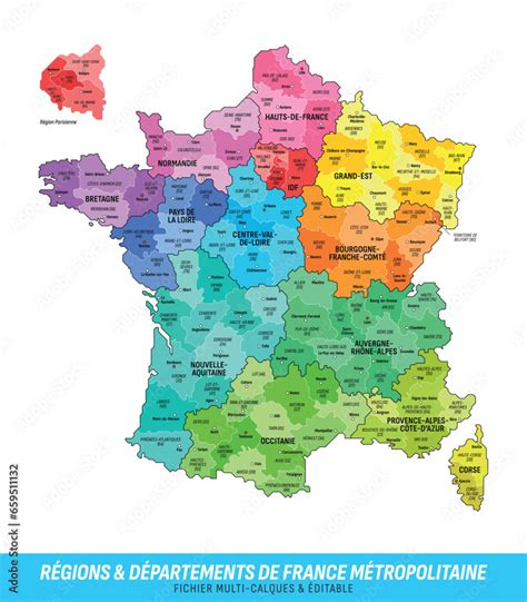 Carte des Régions et des Départements de France Métropolitaine Stock