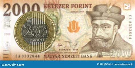 200 Hungarian Forint Coin Against 2000 Hungarian Forint Note Stock