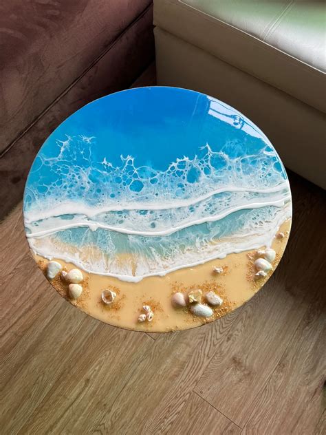 Ultra Realistic Blue Ocean Resin Table Round Epoxy Ocean Coffee Table Beach Seashell End Table