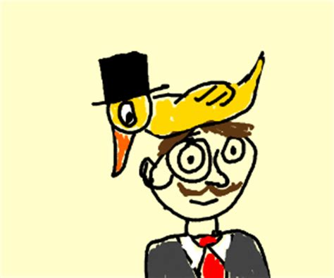 Dapper man wears hat-wearing duck as a hat. - Drawception