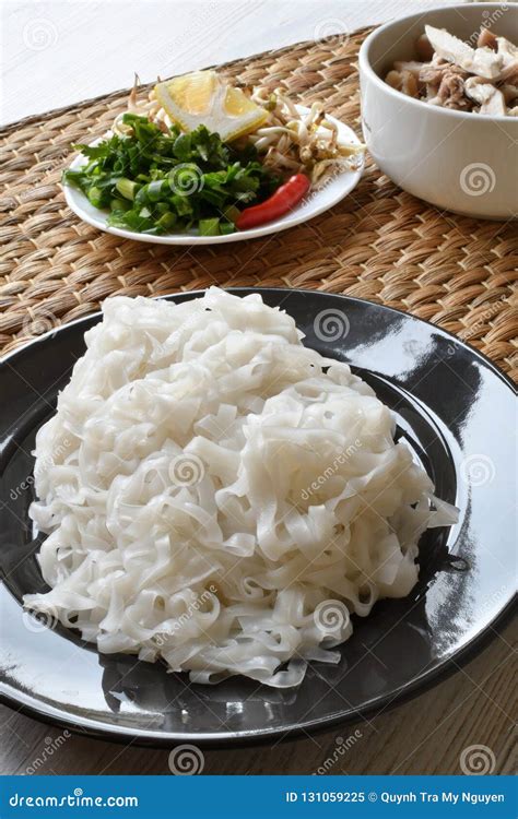 Fresh Pho Noodles On A Plate Wide Flat Rice Noodles Side View Stock