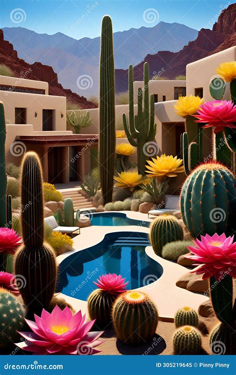 A Blueprints Architectural With Blooming Cactus Garden Pond Create A