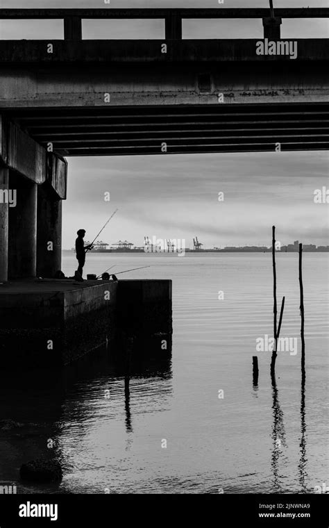 Sunrise Shoot Under The Penang Bridge Fisherman Fishing Under The