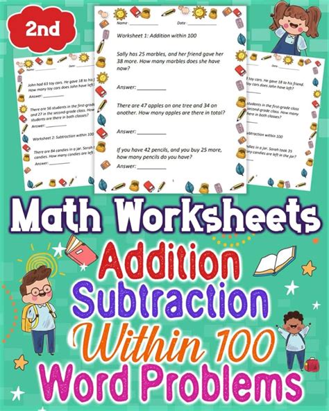 Math Worksheets Addition And Subtraction Within 100 Word Problems 2nd