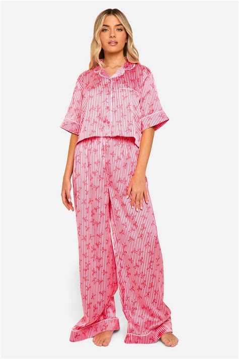 Bow Print Satin Shirt And Trouser Pyjama Set Boohoo Uk