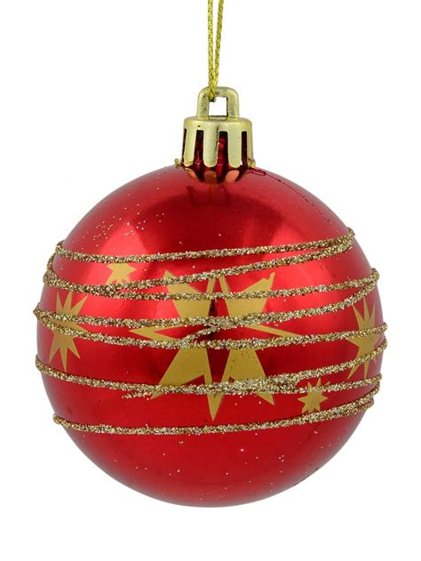 Red Shiny And Matte Baubles With Gold Stars And Glitter Stripes Design 6