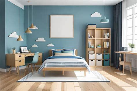 Un Dormitorio Con Una Pared Azul Con Un Marco Blanco Con Nubes Foto