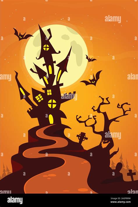 Haunted House On Night Background With A Full Moon Behind Vector