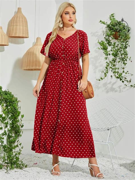 SHEIN Mulvari Plus Polka Dot V Neck A Line Dress SHEIN UK