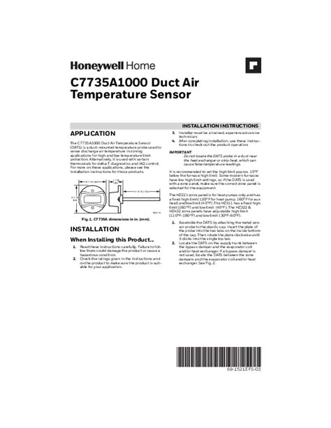 C7735a1000 Duct Air Temperature Sensor Installation Instructions